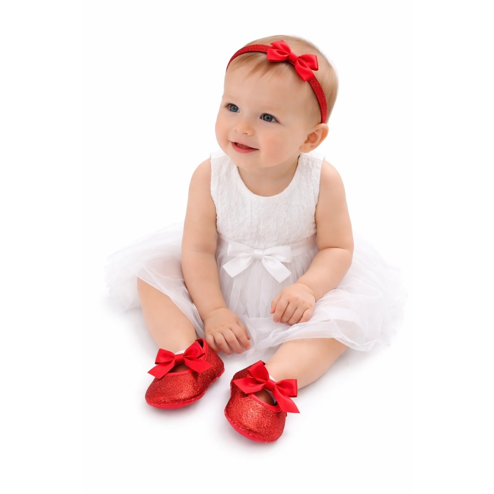 BABY Crib Shoes Girls Size 3 Ruby‎ Red Glitter Bow Sparkle Dressy Adorable